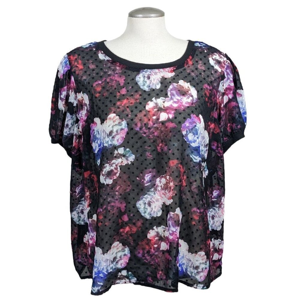 Torrid Womens Plus 1X Sheer Blouse Top Black Dark Floral Swiss Dot Whimsygoth